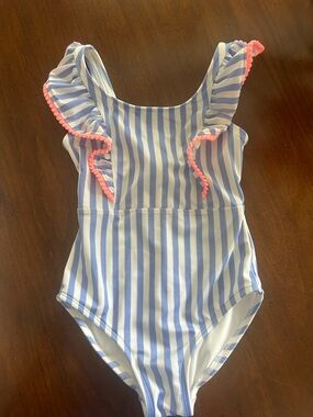 Cat & Jack Blue and White Striped One-Piece Swimsuit with Pink Trim